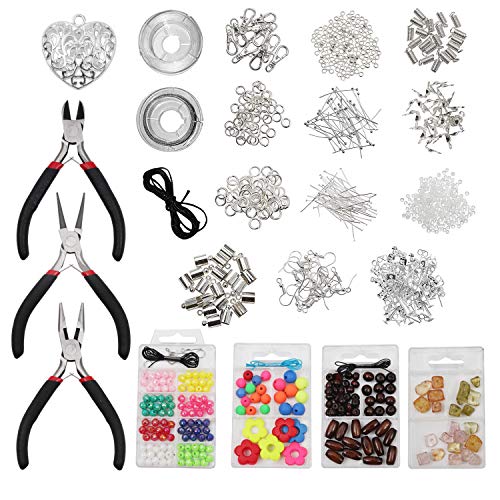 Creazione di Gioielli kit (800 pezzi) - Argento Placcato, Principiante di Gioielli Impostato con Pinze, Pendente a Cuore, 4 Custodie di Perline, Cavo di Cera, Elastico e Filo - Per Bambini e Adulti