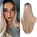 Price comparison product image Ombre Blonde Long Straight Wigs for Women Natural Looking Synthetic Middle Part Hair Wig Half Hand Tied Heat Resistant Fiber 22 inches by fani (4/613/30)