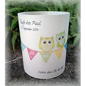 4er Set Tischlicht Tischlichter Eule Taufe Tischdeko personalisierbar grün