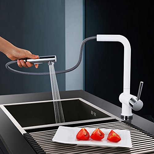 Homelody® Weiss 360° Drehbar Wasserhahn mit ausziehbar Brause Spültischarmatur Spüle Armatur hoher Auslauf Wasserkran Mischbatterie küchenarmatur mit Brause - 3