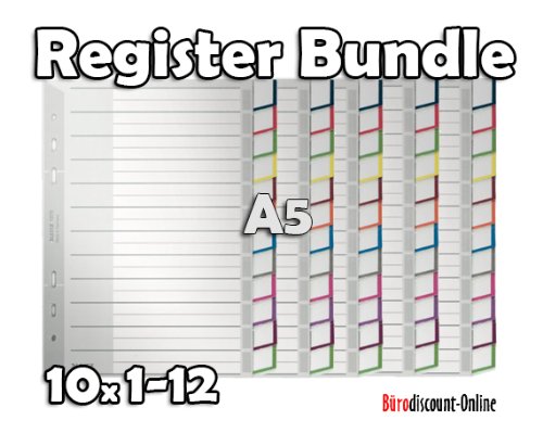 Preisvergleich Produktbild LEITZ Plastikregister Schrägregister (1-12) / 10er Bundle Sparpaket / A5 , Universallochung / Beschriftbares Deckblatt