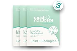 Wash no Waste - PACK 3. Tiras de Detergente para lavadora (192 lavados). Hipoalergénico y Biodegradable. Efecto suavizante. Gran poder de limpieza. Vegano y Cruelty Free. Plastic free. (Sin fragancia)