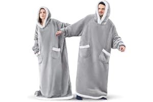 ‎SACEBELEU Sacebeleu Cuddly Blanket with Sleeves, Oversized Soft Blanket Hoodie Sweatshirt, Sherpa Hoodie for Men and Women, Fluffy Flannel TV Blanket with Sleeves, Portable Full Body Blanket, Grey