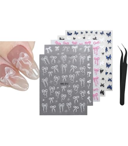 JMEOWIO Nagelsticker Set 6 Blatt | Bunte Herz & Schleife Muster | Selbstklebend Für DIY Nageldesign | Einfach Zu Entfernen