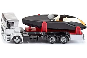 siku 2715, Camion avec bateau à moteur, 1:50, Métal/Plastique, Argent/Noir, Bateau jouet flottable