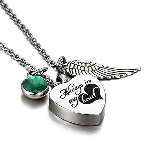 KY Jewelry - Collar con Colgante de Cenizas con Piedra de Nacimiento grabada con Texto en inglés Always in My Heart