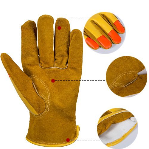 OZERO Leder Arbeitshandschuhe, Premium Rindsleder Handschuh mit Fluoreszenz Fingerspitze für Sicherheit & Sicherheit – passend für Damen & Herren 3 Paar XL - 4