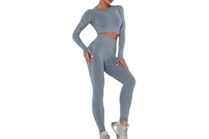 Dihope Conjunto Deportivo para Mujer 2 Piezas Top Corto de Manga Larga de Running Pantalones de Cintura Alta Elásticos Leggings de Fitness sin Costuras para Yoga Gimnasio Trotar
