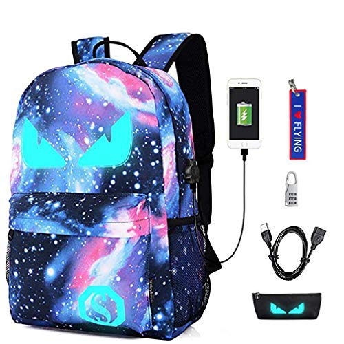 WYCY Anime Cartoon sac à dos lumineux mode cartable avec port de charge USB et antivol antivol et étui à crayons, sac à dos scolaire unisexe cartable (Oeil bleu diable étoilé)