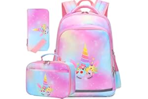 Vanwilit Girls School Backpack Unicorn Backpack Water Resistant Lightweight Primary School Bag Set with Lunch Bag & Pencil Case 3 in 1 Kids Bookbag Casual Daypack (Pink Unicorn)