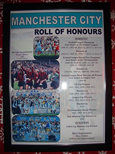 Sports Prints UK Manchester City club history roll of honours - Man City 2018 champions - framed print