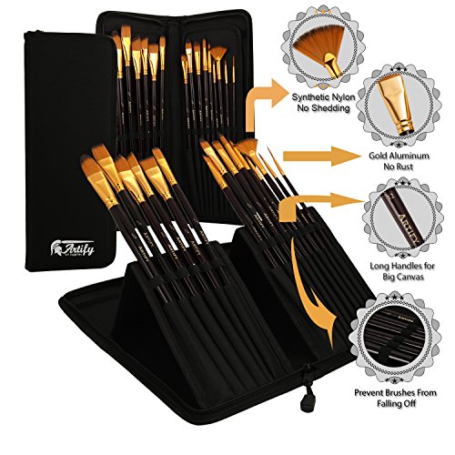 Artify 15 teiliges Pinsel-Set perfekt für Acryl Ölmalerei Aquarell Gouache und Gesichtsmalerei| Langstiel Künstlerpinsel mit Verstautasche| Aufklappbarer Stand| für Student oder Künstlerstufe - 4