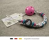 Baby SCHNULLERKETTE mit NAMEN | Schnullerhalter mit Wunschnamen - Mädchen Motiv Hello Kitty in grau, türkis - 