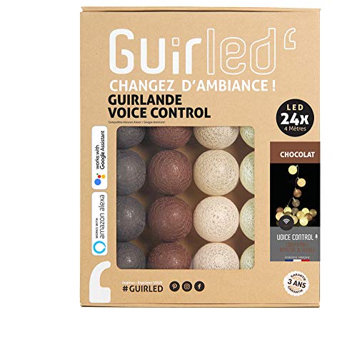 Guirlande lumineuse boules coton LED USB - Commande Vocale - Amazon Alexa & Google Assistant - Programmable à l'infini - Chargeur double USB 2A inclus - 24 boules - Chocolat