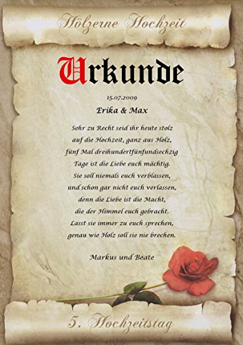 Hölzerne Hochzeit Urkunde persönliche Geschenk Karte zum 5. Hochzeitstag Pergament div. A4 Papier Motive - 2