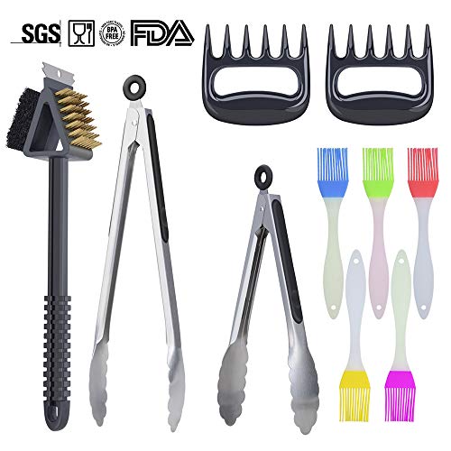 Sheatee 100% de Acero Inoxidable de Grado alimenticio 9"y 12" Alicates de Bloqueo para Barbacoa+Desgarradora Garra+Cepillo de Silicona+Cepillo para Barbacoa, cocinar, cocinar y Asar.