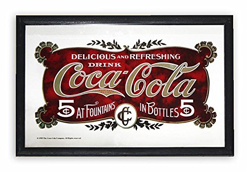 Coca-Cola Spiegel "5 Cent" / Wandspiegel mit schwarzem Kunststoffrahmen in Holzoptik