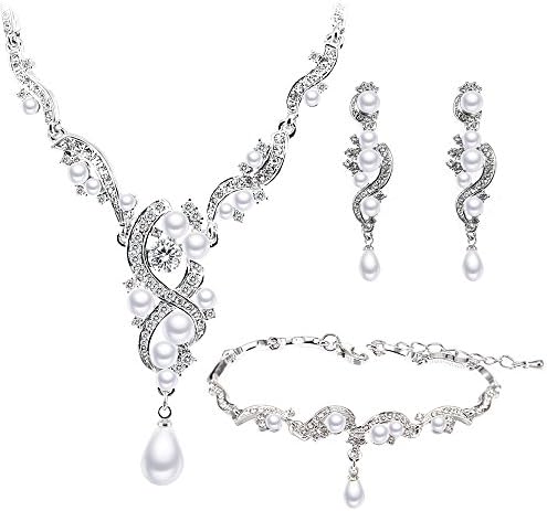 BiBeary Women Zircon CZ Simulated Pearls Braut Party elegant Jewellery Set Necklace Earrings Bracelet Silver-Tone