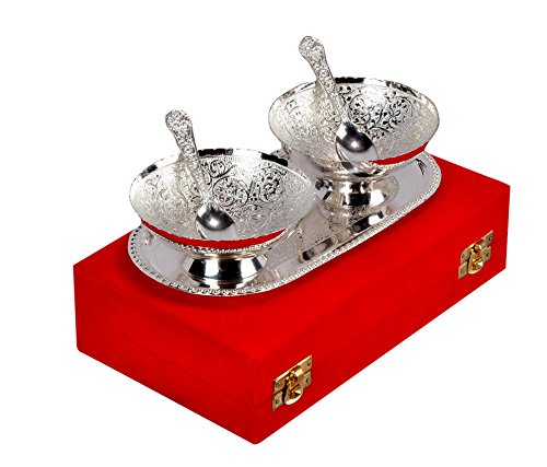 AC ANAND CRAFTS Aluminium Bowl, Spoon and Tray Set (Standard Size, Silver)