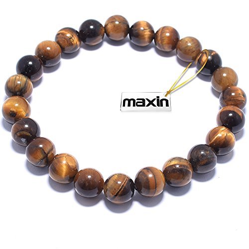 MAXIN Reale Gemme Naturali Braccialetto, 8 Millimetri Genuine Yellow Tiger Eye semipreziosi Pietre preziose Potere curativo di Cristallo Elastic Stretch Allentato Braccialetto in Rilievo