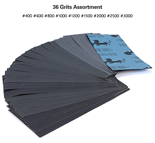 Schleifpapier Set, Seacue 36 Stück 400 to 3000 Grit Schleifpapier Sortiment Trocken/Nass Für Automobilschleifen Holzbearbeitung und Holzdrehen, 9 x 3,6 Zoll - 2