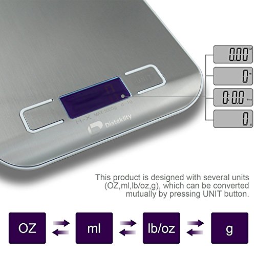 Diateklity praktische digitale Küchenwaage, Messbereichwert: 0~5 Kilogramm, rostfreie Oberfläche – LCD Anzeige, g/oz/lb/ml konfigurierbar - 2
