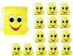 Birthday Popper Smiley Emoji Theme Drawstring Sack Bag (Set of 24) for Outing or Picnic Kids Haversack Bag as Birthday Return Gifts for All Age Group