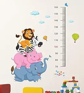 Decals Design Cartoon Height Scale wit Elephant Hippo Zebra and Lion Wall Sticker (PVC Vinyl, 60 cm x 90 cm x 1 cm), Multicolour