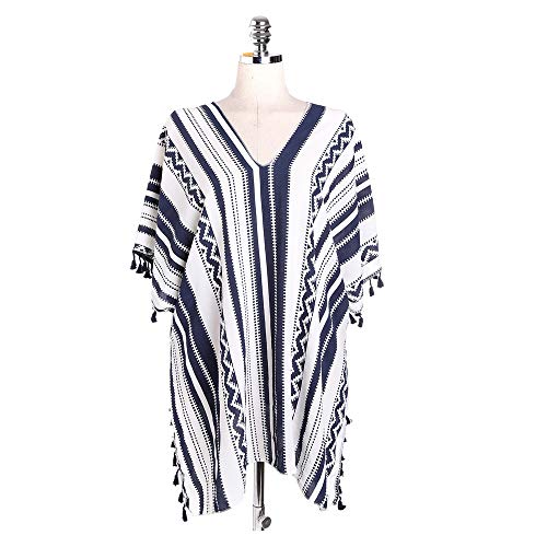 YONGHUI Maillot de Bain Bikini en Mousseline de Soie à Rayures géométriques à Pompons pour Femme - Bleu - Taille Unique