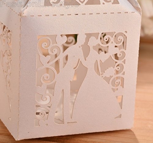 Lavinaya bunte Papierbox mit Motiv Braut und Bräutigam, für Hochzeit, Süßigkeiten, Party, 50 Stück, personalisierbar weiß - 6