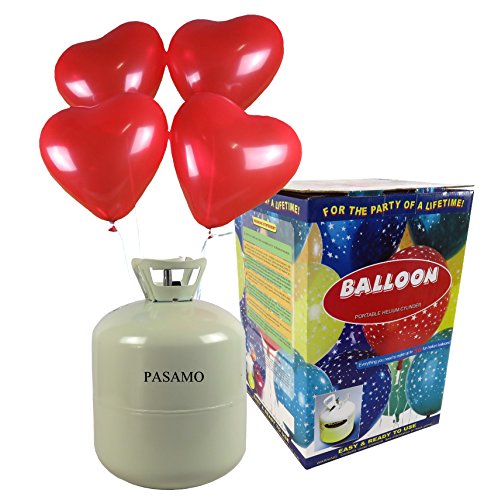 Helium - Marken Ballongas PASAMO inklusive 50 rote Herz Ballons und Ballonband – 0,42 m³ Einwegflasche z.B. für ca 50 Luftballons als witziger Partyspaß - Partyzubehör – Flasche reicht für viele Ballons !