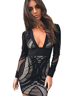 Longra Damen Spitzenkleid Bleistiftkleid tiefem V-Ausschnitt Etuikleid Damen Langarm Kurz Minikleid Knielang Festlich...