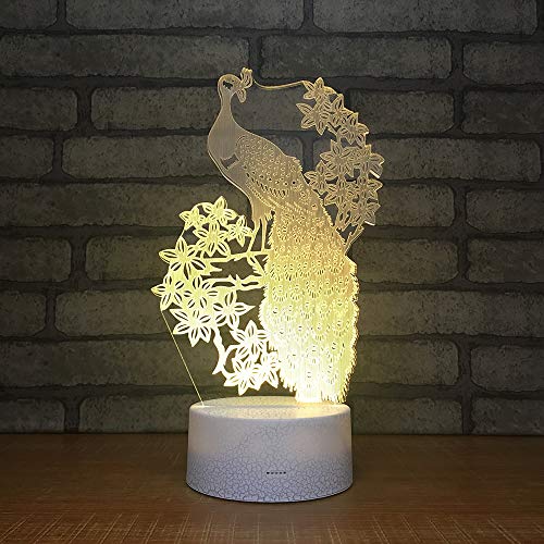 Preisvergleich Produktbild Bbdeng 3D-Nachtlicht LED-Touch-Farbwechsel optische Täuschungslampe kreative Kinder mit schlafender Tischlampe Schlafzimmer Vision Umgebungslicht Brillante Farbe Schöner Pfau