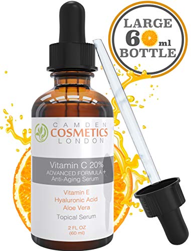 Camden Cosmetics - 2oz (60ml) Serum de vitamina C para la cara + ácido hialurónico, ayuda a incrementar la producción de colágeno y ayuda a disminuir las líneas de expresión, los puntos negros y las arrugas.