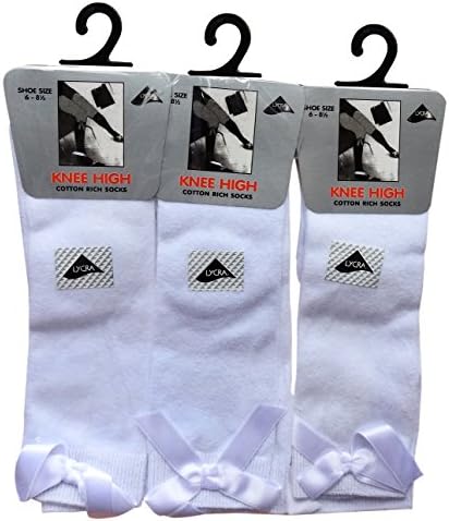 Ikebana Trends Bow Knee High 3 pairs School Girls & Kids Plain Long Length Cotton Stretch With all size & colour (Set of 3 pairs) (UK 9-12 (EU 27-30), White)