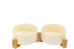 SPUNKYJUNKY Gamelle Double en Céramique avec Support en Bambou pour Chats et Chiens (850ml, Beige)