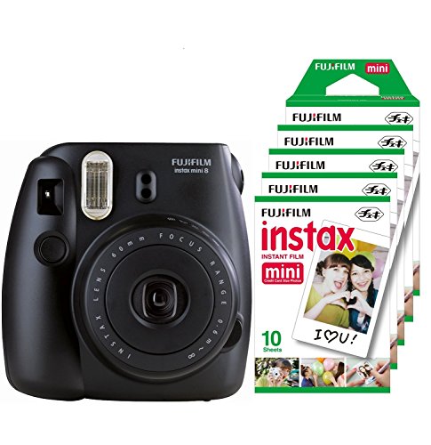 Fujifilm Instax Mini 8 - Cámara instantánea (flash, 1/60 sec) color negro + 5 paquetes de películas fotográficas instantáneas (10 hojas)