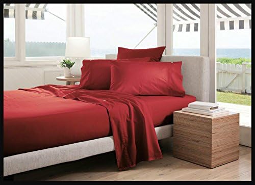 Luxury Plain Dyed 68 Pick 144 Thread Count Flat sheet Poly Cotton Bed Sheet (Red, Double)