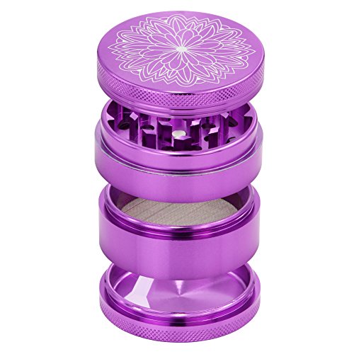DCOU neue Design Premium Krautmühle mit Siebgrinder bruchfester Aluminium Tabak Mahler Crusher Gewürze Schleifer mit Blumen auf dem Deckel Magnetisch Ø55mm 4-teilig Lila - 5