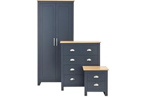 GFW Lancaster 3 Piece Bedroom Set Slate Blue Bedside Cabinet Chest Of Drawers Wardrobe