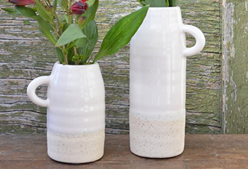 Deko-vasen mit Henkel im Landhaus Stil 2er Set. Keramik-vase creme-weiß und beige (cremeweiß glasiert) – Blumen-Vase Tisch-Vase - 2