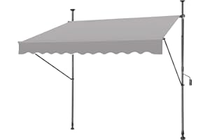 AufuN Toldo retráctil manual, 150 cm, color gris claro, sin agujeros, protección solar de poliéster, resistente a los rayos UV y altura regulable, 150 x 120 cm
