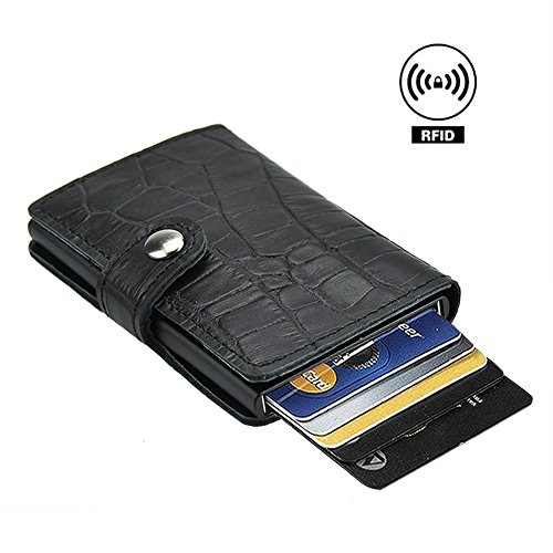 Preisvergleich Produktbild Dlife Männer Card Case Kuhfell Leder RFID Sperrung Automatisch Pop-up Unternehmen Kreditkarteninhaber Geldscheinklammer Schlank Brieftasche + Geschenkbox (Schwarzes Krokodil-Muster)
