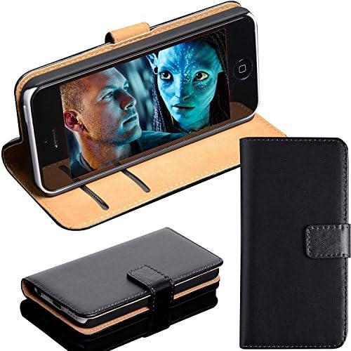 MobileConnect4U® Black Real Leather Flip Case Wallet,Stand for iPhone 5,5S and 5SE with Screen Protector