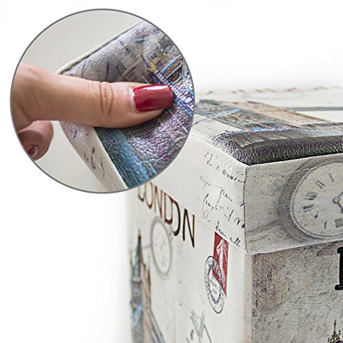 Relaxdays Faltbarer Sitzhocker 38 cm stabiler Sitzwürfel mit trendigen Motiven als praktische Fußablage als Sitzwürfel mit bedrucktem Kunstleder als Aufbewahrungsbox mit Stauraum und Deckel, London - 7