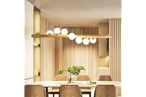 ENXING Lampe À Suspension LED Lampe À Suspension En Bois Lampes Suspendues Boule Réglable En Hauteur En Verre Lustres De Restaurantavec Plafonnier Rétro G9 Illuminant Pour Salle À Manger (7 Lumières)