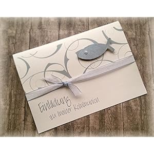 Einladung Einladungskarte Kommunion Konfirmation Firmung Taufe Fisch grau silbergrau silber