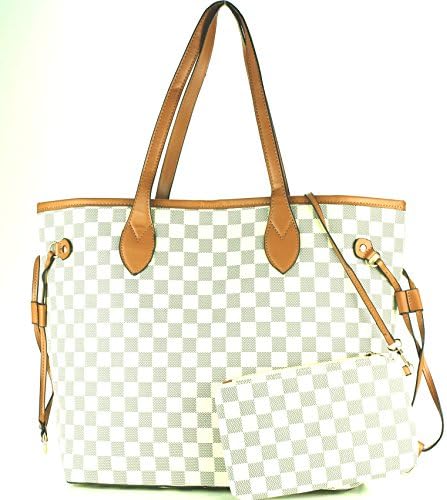 Check Shopper Style Handbag with Attached matching wallet (Off White)