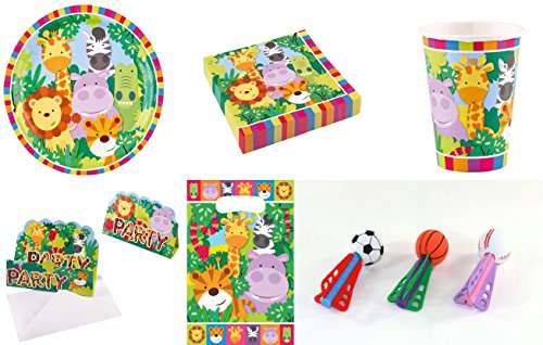 8 Kinder SET - DSCHUNGEL TIERE - ( Teller, Becher, Servietten, Einladungskarten, Mitgebseltüten + Softbälle Dart )