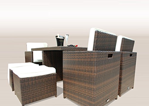 Gartenmöbel PolyRattan Essgruppe Tisch mit 4 x Stuhl & 4 Hocker DEUTSCHE MARKE -- EIGNENE PRODUKTION Garten Möbel incl. Glas und Sitzkissen Ragnarök Möbeldesign braun Rattan